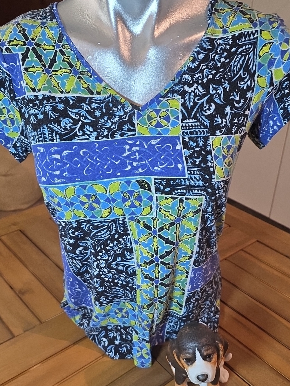 Chico's Patchwork Print V-Neck Top in Blue, Black & Lime